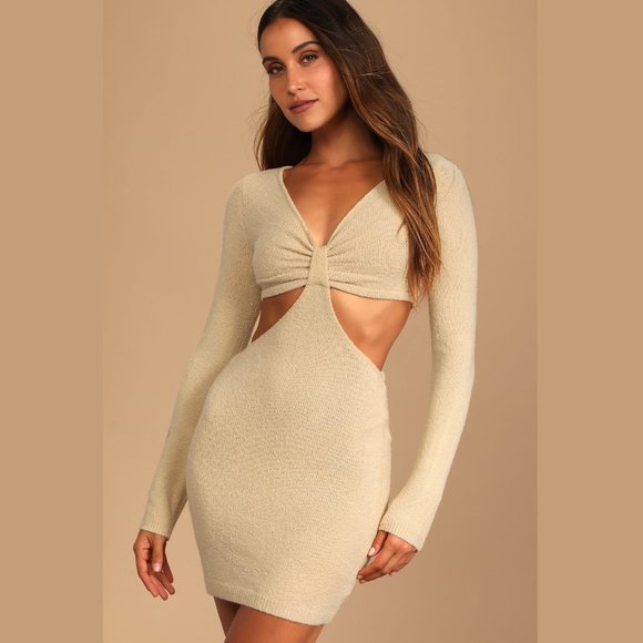 Lulus Dresses & Skirts - Lulus Perfect Season Tan Knit Cutout Sweater Dress M